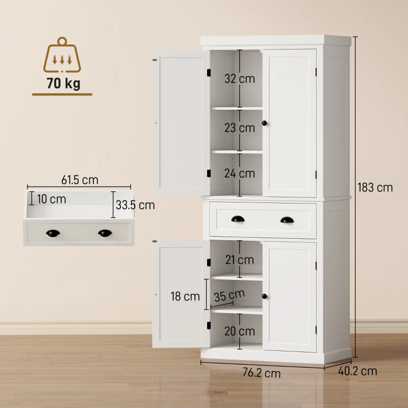 HOMCOM Tall Kitchen Cupboard, 183 cm Freestanding Storage Cabinet with Drawer, 4 Doors and Adjustable Shelves, White