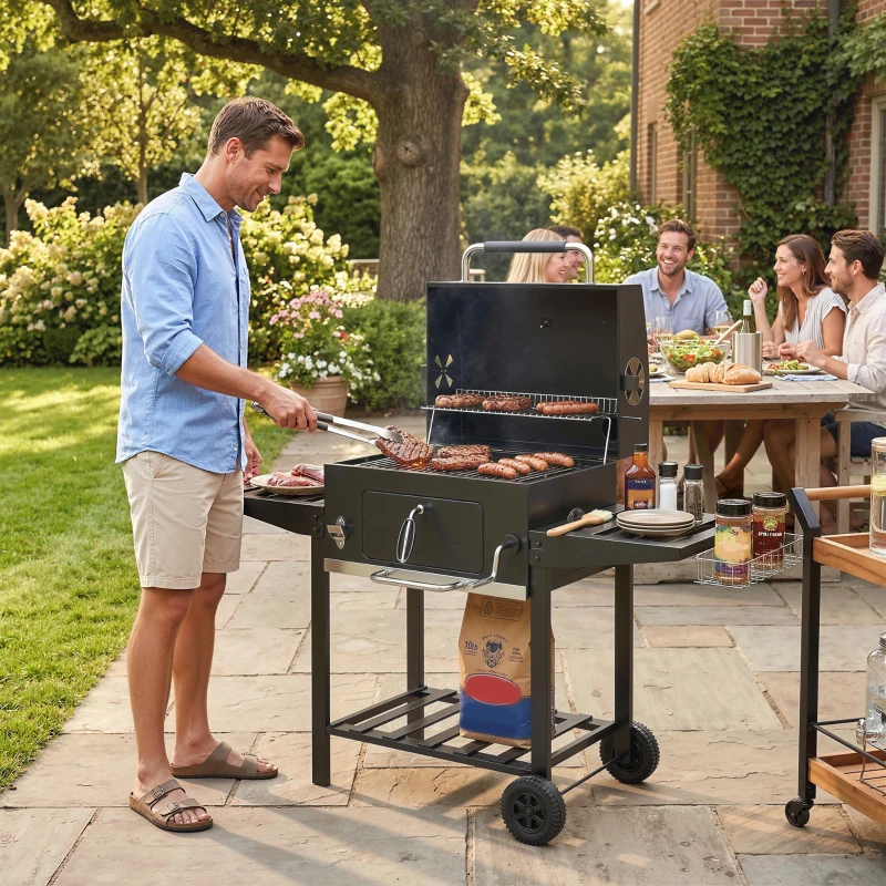 Outsunny Barbacoa de Carbón con Bandeja Ajustable Estantes Plegables Ruedas Termómetro Tapa Chimenea Ventilaciones y Cesta