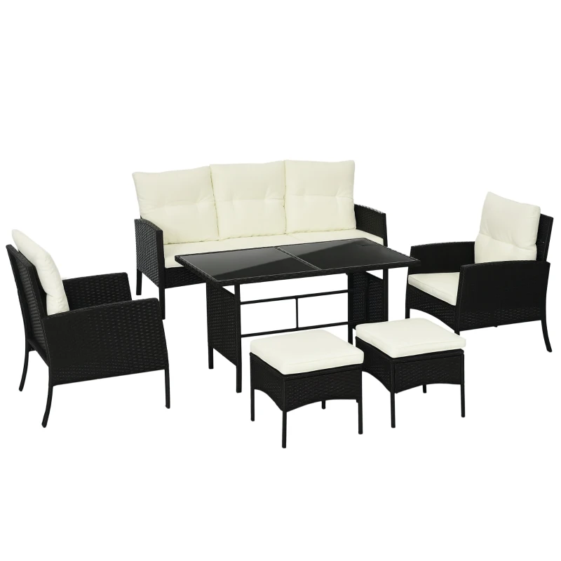 Outsunny 5 Seater Rattan Garden Furniture Set with Cushions, 6 Piece Patio Rattan Furniture Sofa Set with Armchairs,  Footstools, Glass Table for Conservatory, Cream White