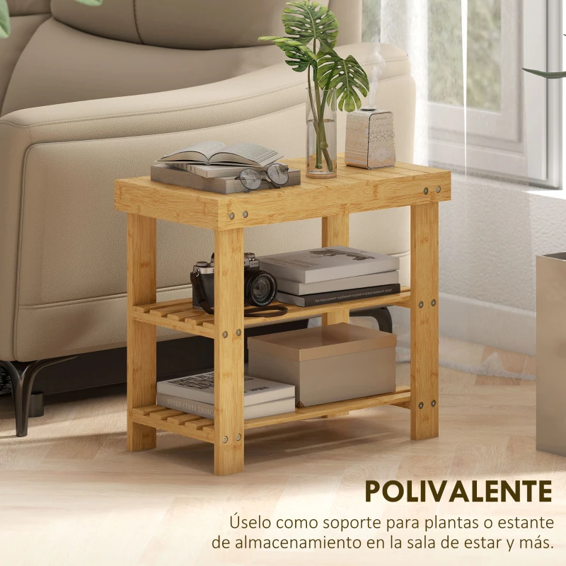 HOMCOM Banco Zapatero de Bambú de 3 Niveles para 4 Pares Zapatos 50x28x45 cm Natural
