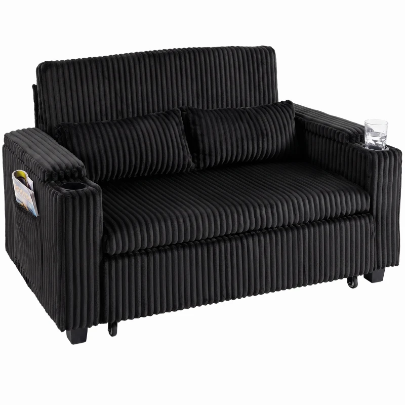HOMCOM 2 Seater Sofa Bed, Pull Out Sleeper Sofa w/ Adjustable Backrest, Storage Armrests, Cup Holders, Side Pockets, Black
