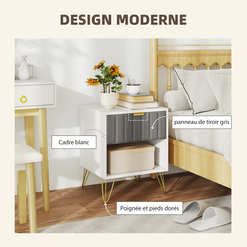 HOMCOM Table de chevet, table d'appoint compartiment ouvert, tiroir et poignée, pieds en acier, 45 x 40 x 55, blanc