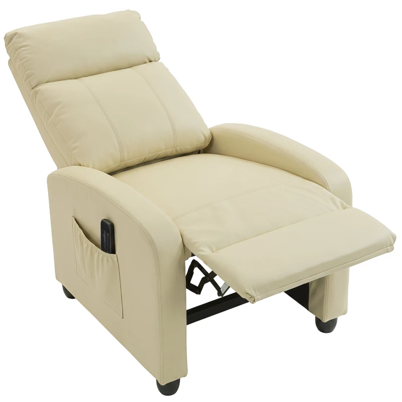 HOMCOM Recliner Armchair, Massage Faux Leather Push Back Reclining Chair with Adjustable Leg Rest, Side Pocket, Cream White