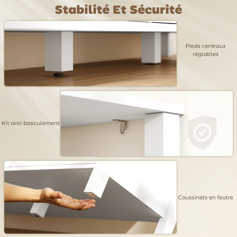 HOMCOM Meuble TV 152 cm, meuble télé pour téléviseur 65 pouces avec 3 tiroirs et 3 étagères ouvertes, 152x39,5x50cm, blanc