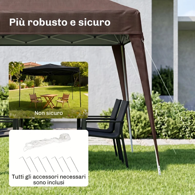 Outsunny Gazebo Pieghevole da Giardino 2.4x2.4m con Struttura in Acciaio e Corde Antivento, Caffè