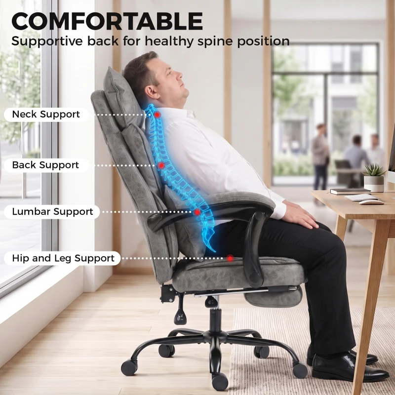 HOMCOM Executive Office Chair, Leathaire Big and Tall Office Chair 180 kg with Wide Seat, Reclining, Lumbar Support, Grey