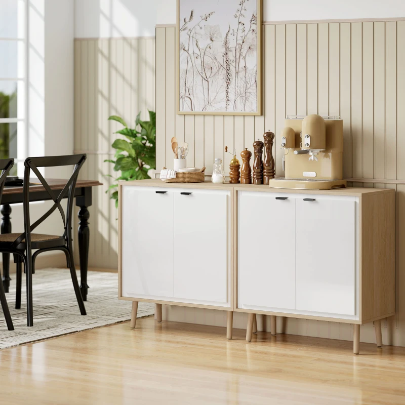 HOMCOM Buffet à haute brillance, meuble de rangement avec double porte, étagère réglable, 72 x 35 x 77 cm, blanc et chêne
