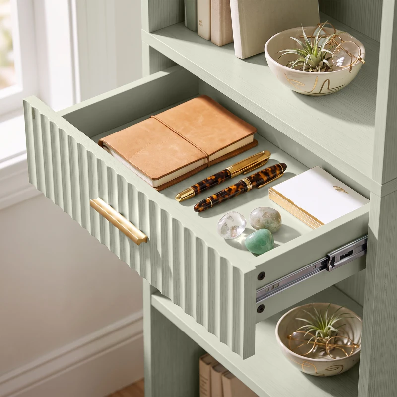 HOMCOM Bookcase Narrow Tall Space-Saving Bookshelf Drawer Open Shelves 60 x 24 x 182 cm Light Green