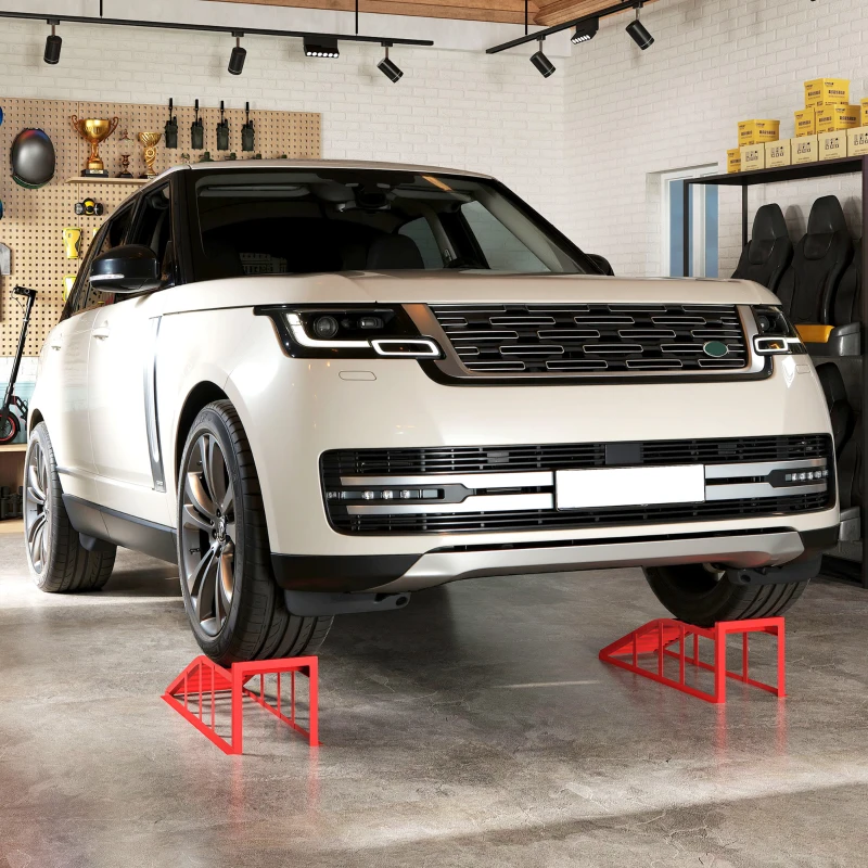 HOMCOM Set 2 rampe auto din oțel, antiderapante, pentru întreținere și reparații vehicule, roșu