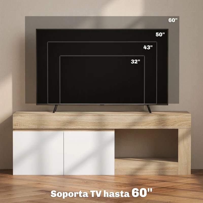 HOMCOM Mueble de TV Moderno para Salón con 2 Puertas Estante Abierto para Televisión 60 Pulgadas 140x40x48 cm Blanco y Natural