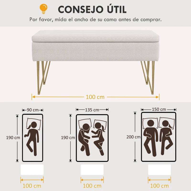 HOMCOM Banco Pie de Cama Tapizado en Lino Sintético con Patas de Acero y Asiento Acolchado Crema