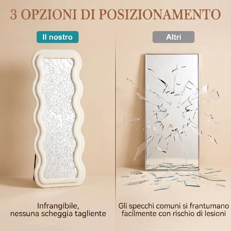 HOMCOM Specchio da Terra con Cornice Ondulata in Velluto e Vetro Temperato, 160x60 cm, Crema