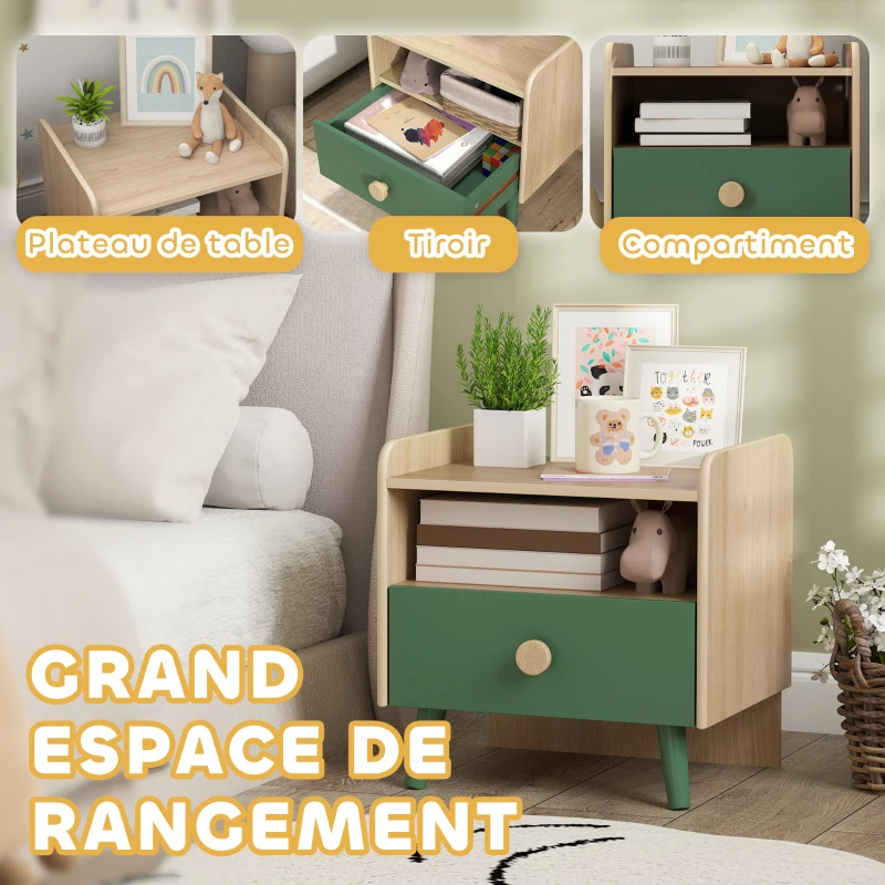AIYAPLAY Table de chevet enfant table de nuit enfant avec tiroir et niche, petite table d'appoint en bois pour chambre d'enfant