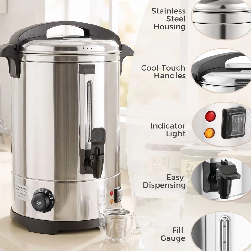 HOMCOM Distributeur d'Eau Chaude en Inox 8L 1500 W, 9 Niveaux de Température 30-110 °C, Maintien au Chaud, Robinet, Argenté