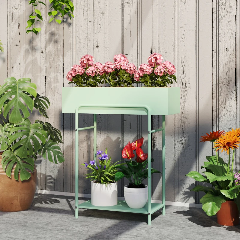 Outsunny 2 Tier Plant Stand, Metal Plant Rack Shelf with Drain Holes, Floor-standing Flower Pot Stand for Indoor Outdoor Garden Patio Balcony Living Room, Green