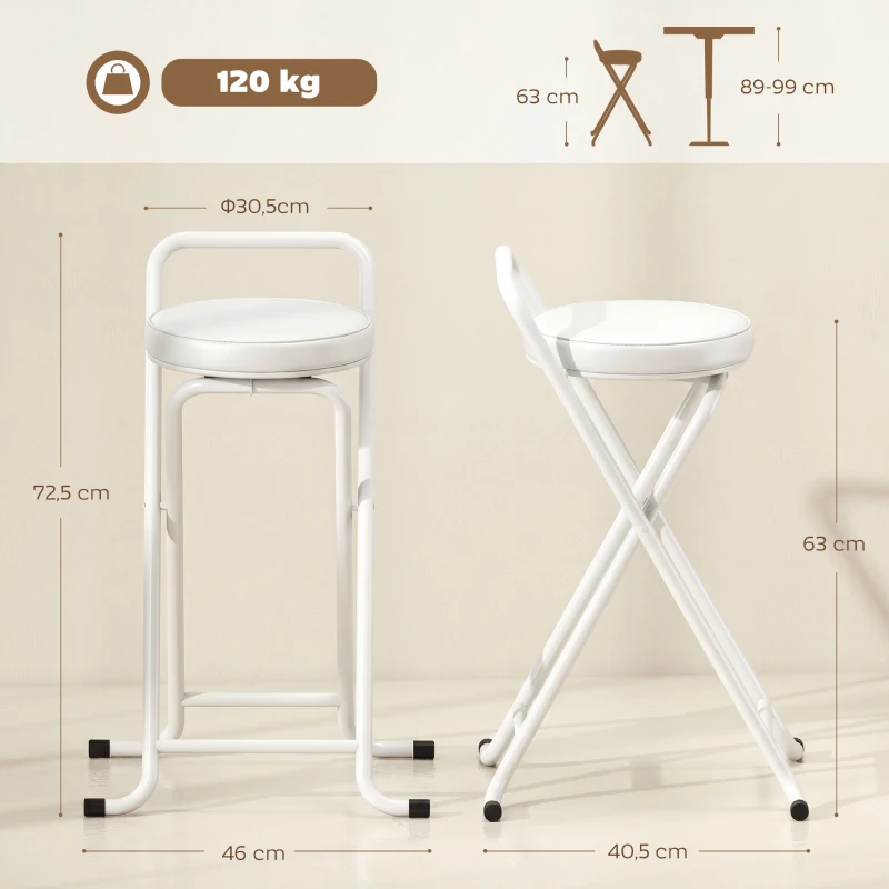 HOMCOM Tabourets de Bar Pliants Lot de 2, sans Assemblage, Chaises de Bar, Assise Rembourré 63H cm, Cadre en Acier, Blanc