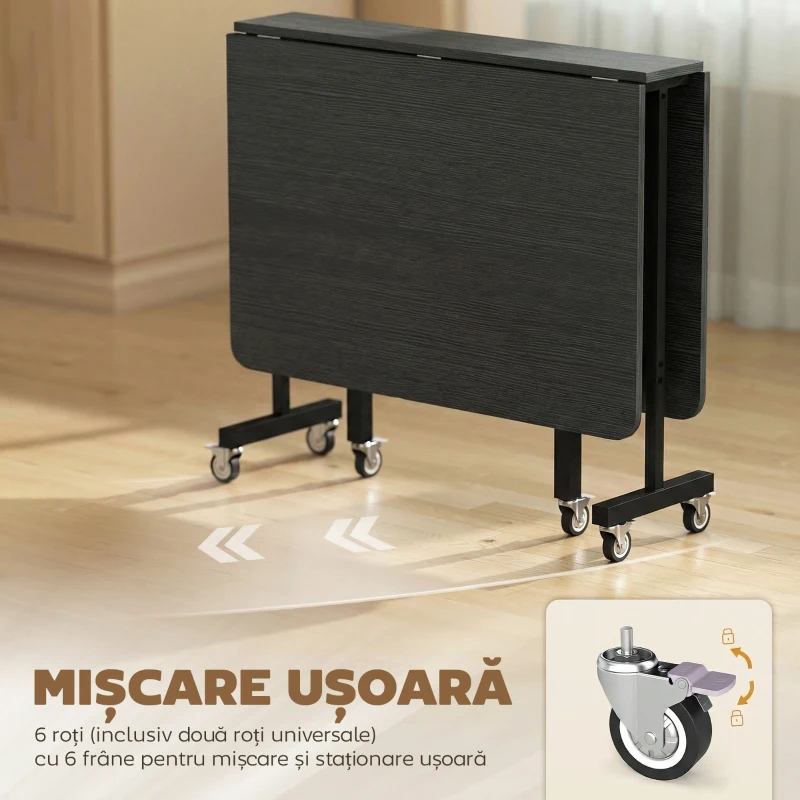 HOMCOM Masă pliabilă pentru 4-6 persoane, cu 2 extensii și roți cu frâne, 120x80x73 cm, negru cu efect de lemn