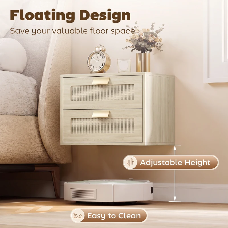 HOMCOM Modern Floating Nightstands Set of 2, Wall Mounted Bedside Tables with 2 Drawers, Oak