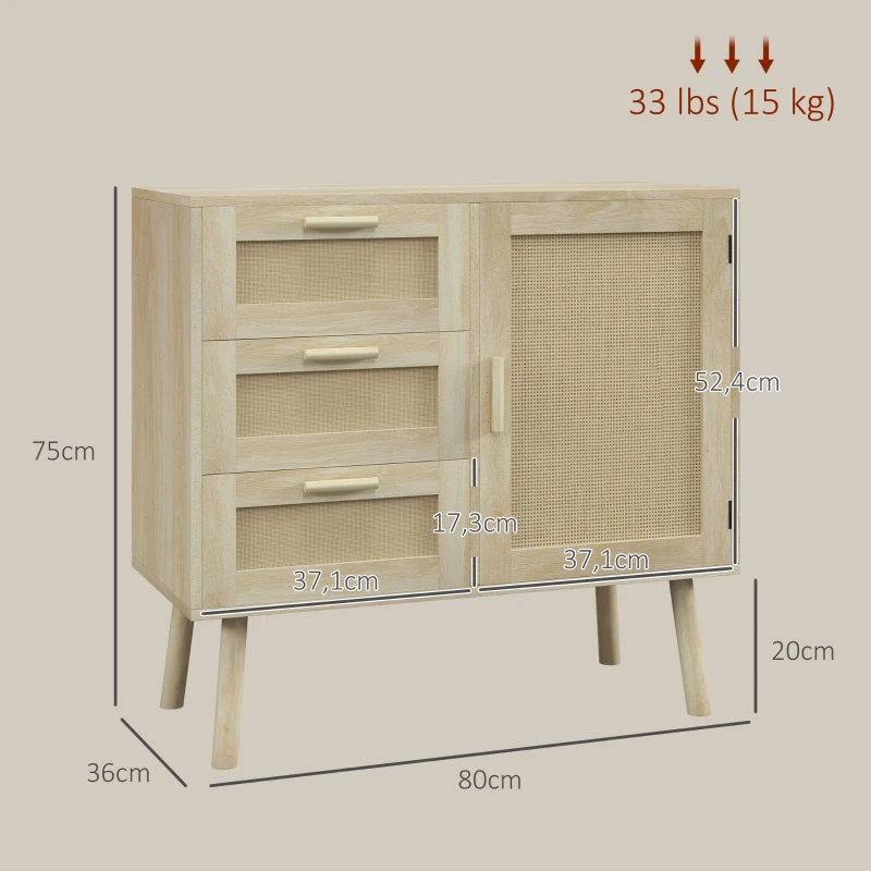 HOMCOM Mobile Multiuso Stile Boho con Armadietto e 3 Cassetti in Legno e Rattan, 80x36x75cm, Rovere