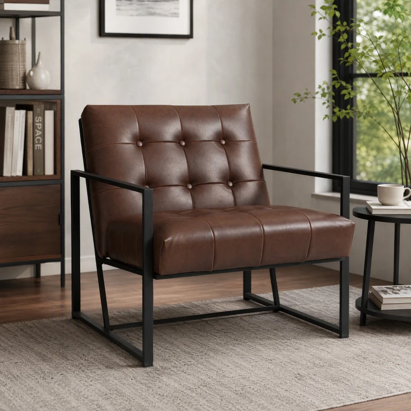 HOMCOM Fauteuil de salon Chesterfield Fauteuil Relax Assise Dossier capitonnés Structure métal Noir revêtement synthétique Chocolat
