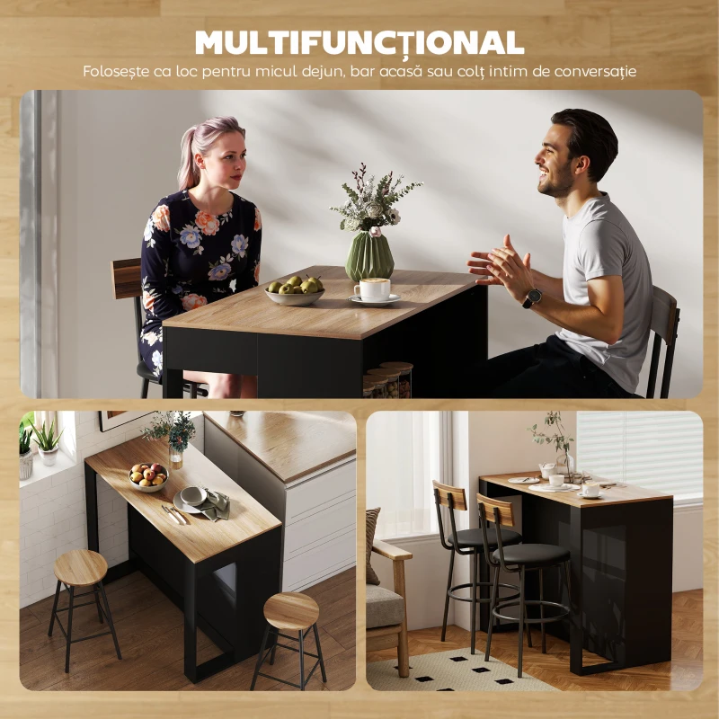 HOMCOM Bar Insulă Bucătărie cu 3 Rafturi pentru Living și Sufragerie, 113x60x90 cm, Negru și Lemn