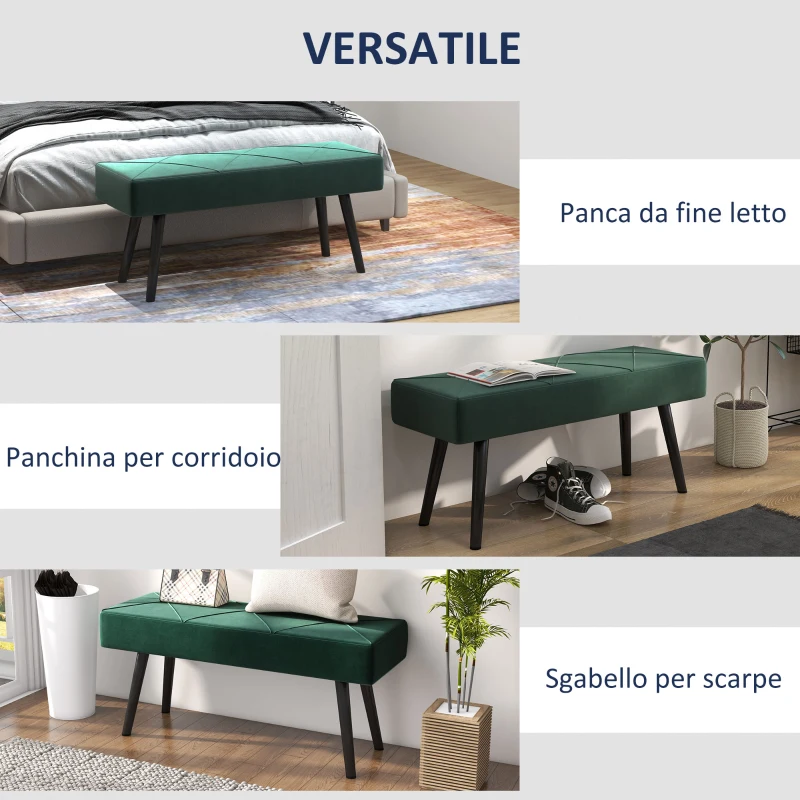 HOMCOM Panca Imbottita Fondoletto in Tessuto Effetto Velluto e Acciaio, 100x36x45 cm, Verde e Nero
