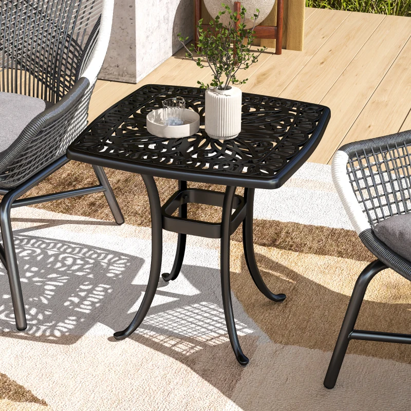 Outsunny Outdoor Garden Table, Cast Aluminium Patio End Table with Umbrella Hole and Anti-slip Foot Pads for Garden, Patio, Balcony, 54 x 54 cm, Black