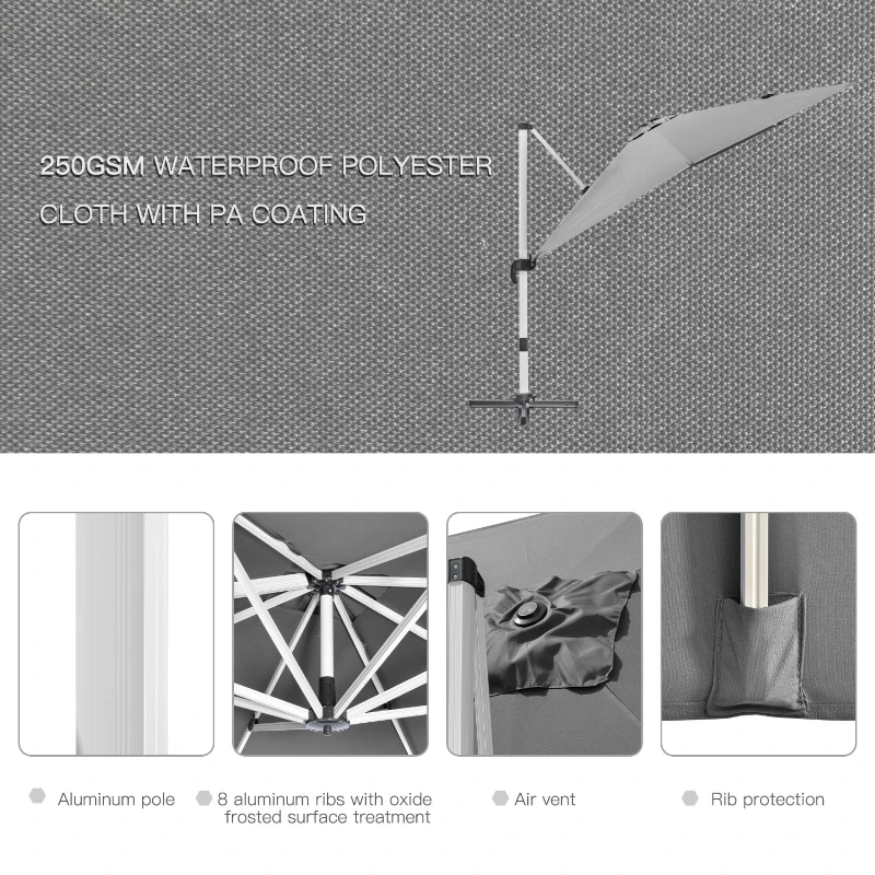 Outsunny 3 x 3(m) Cantilever Roma Parasol, Square Garden Umbrella with Cross Base, Crank Handle, Tilt, 360° Rotation and Aluminium Frame, Grey