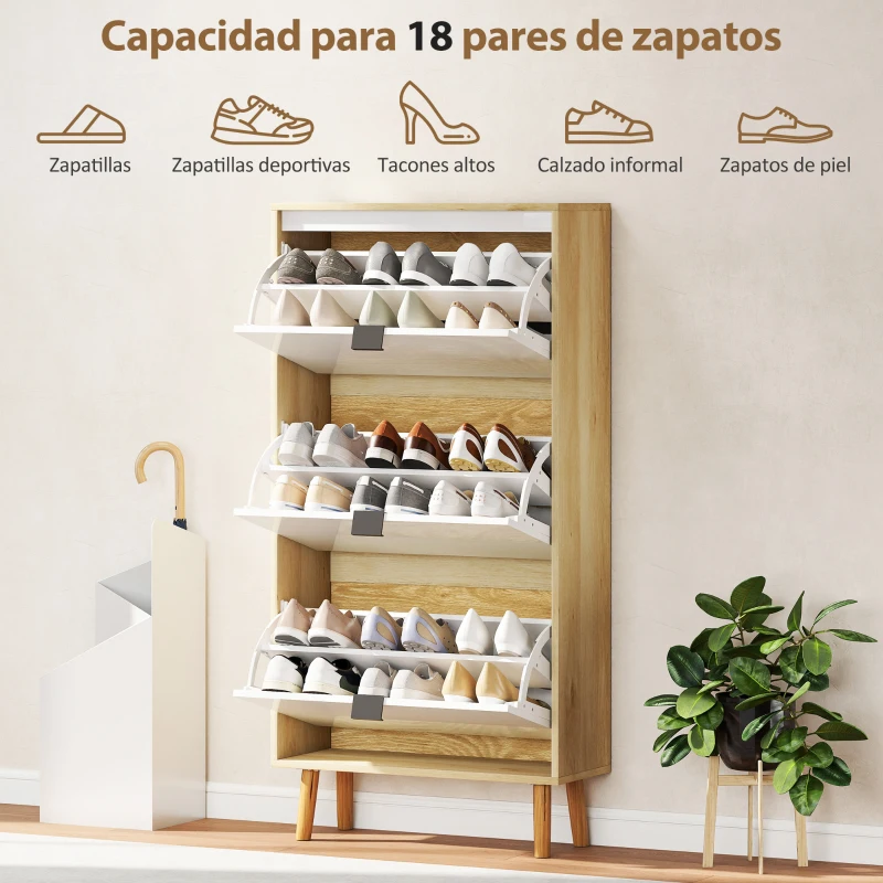 HOMCOM Zapatero Estrecho con 3 Puertas en Blanco Brillo Estantes Ajustables Patas de Madera para 18 Pares de Zapatos