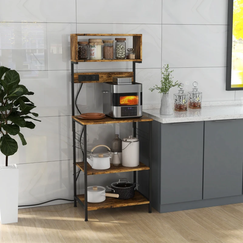HOMCOM Scaffale Cucina con Multipresa, Ripiani e Ganci Stile Industriale, 60x42x153cm, Marrone