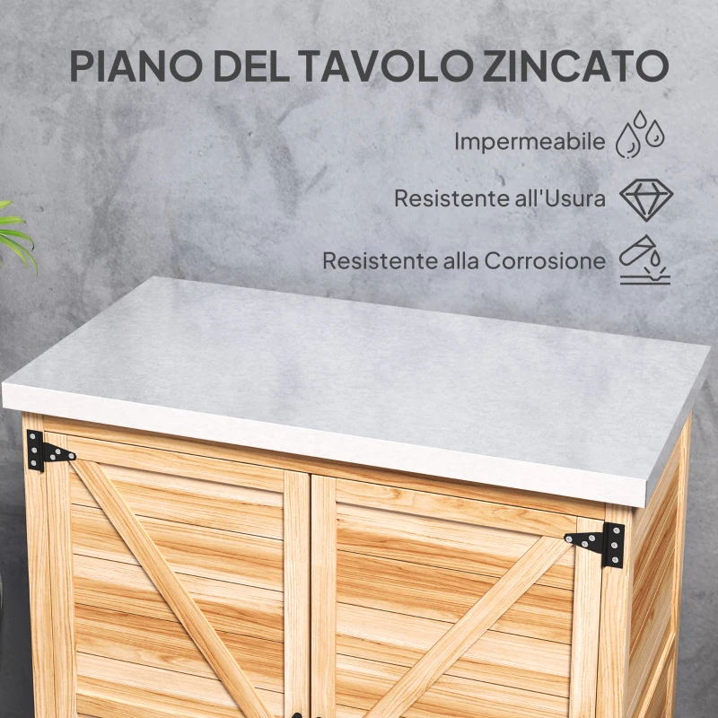 Outsunny Armadio da Esterno con Ripiano Interno e Banco da Lavoro, in Legno e Acciaio Zincato, 79x43x92 cm, color Legno