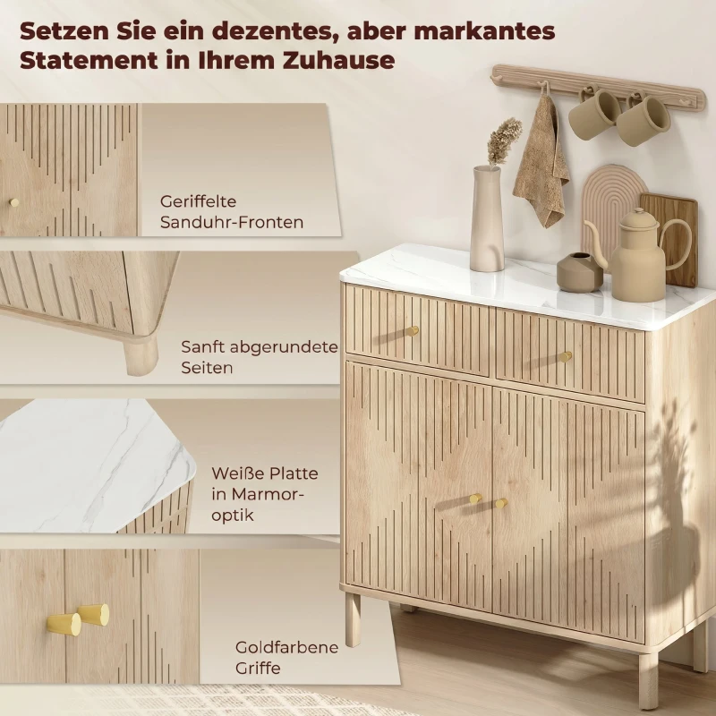 HOMCOM Bufet din Lemn cu 2 Sertare, Dulap și Blat cu Efect de Marmură, 77x30x80 cm, culoare Stejar
