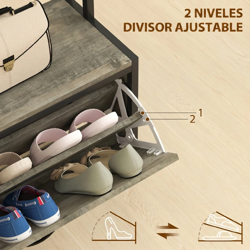HOMCOM Perchero Zapatero 5 en 1 con Banco Zapatero Panel de Rejilla Armario 10 Ganchos Estante Superior y Marco de Acero Gris