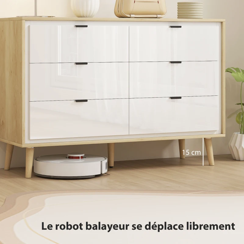 HOMCOM Commode 6 tiroirs, meuble de rangement à haute brillance, 5 pieds en bois, 110 x 40 x 75 cm, blanc et chêne