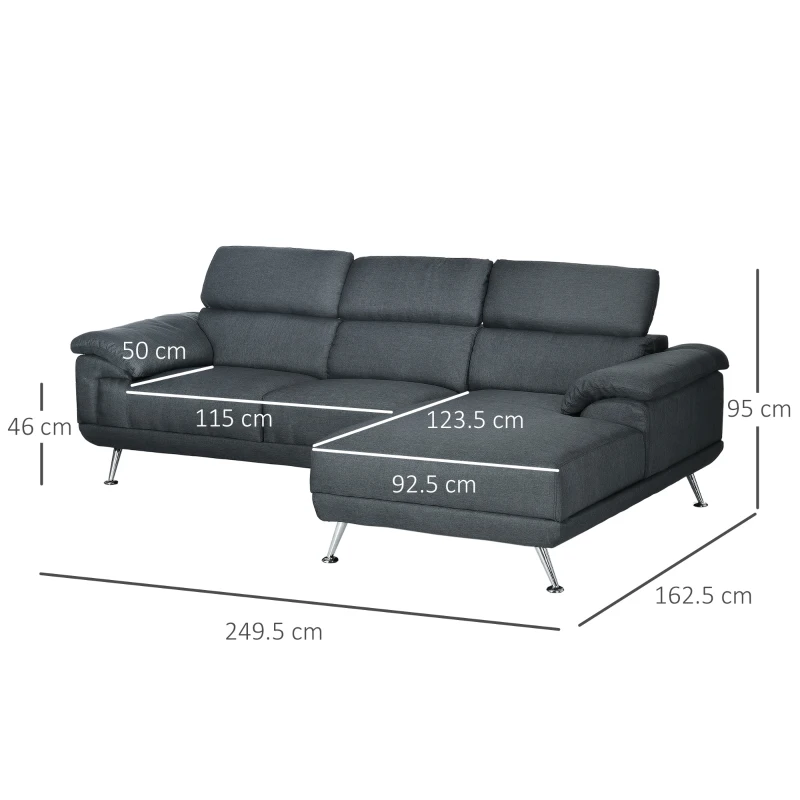 HOMCOM Divano Angolare 3 Posti in Tessuto con Poggiatesta Regolabili, 249.5x162.5x95cm, Grigio Scuro