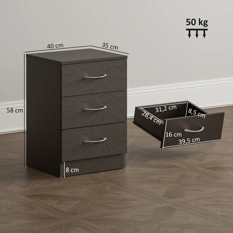 HOMCOM Mesilla de Noche con 3 Cajones y Asas de Aluminio Mesilla de Noche para Dormitorio Salón 40x35x58 cm Marrón Oscuro