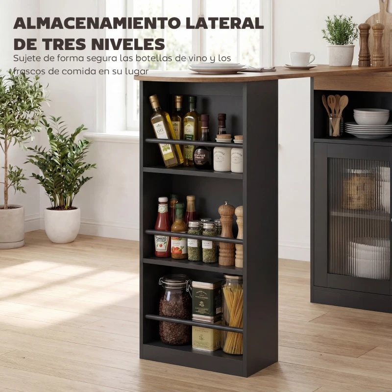 HOMCOM Mesa de Bar Extensible y Giratoria 90° con Estantes Abiertos y 2 Puertas de Vidrio 150x80x105,5 cm Negro y Natural