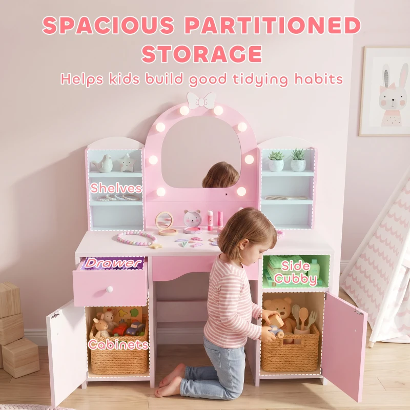 AIYAPLAY Kids Vanity Set, Kids Dressing Table with Stool, 2-Colour Lights Mirror, Cabinet, Drawer and Shelves, Pink