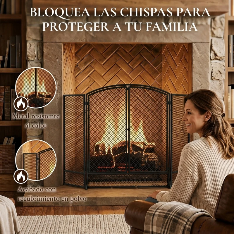 HOMCOM Salvachispas para Chimenea Plegable de 3 Paneles de Metal con Doble Puerta para Hogar 122x75 cm Negro