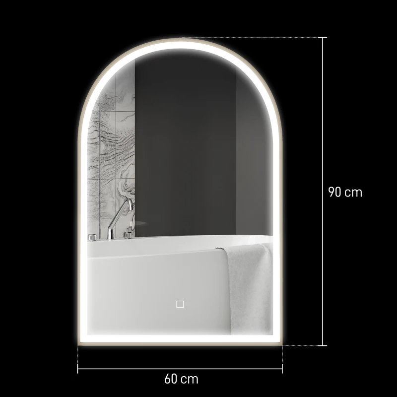 HOMCOM Miroir de salle de bain LED 90 x 60cm, mural, 3 couleurs, arqué cadre en aluminium, désembuage et interrupteur tactile