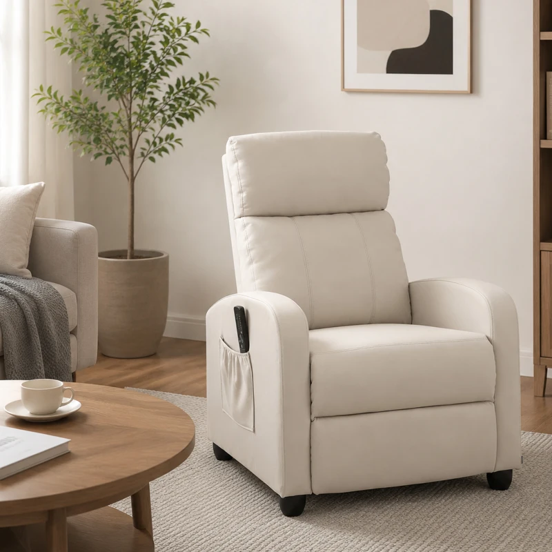 HOMCOM Fauteuil de Relaxation et Massage avec Inclinaison Manuelle Dossier Repose-Pied réglable revêtement synthétique Crème