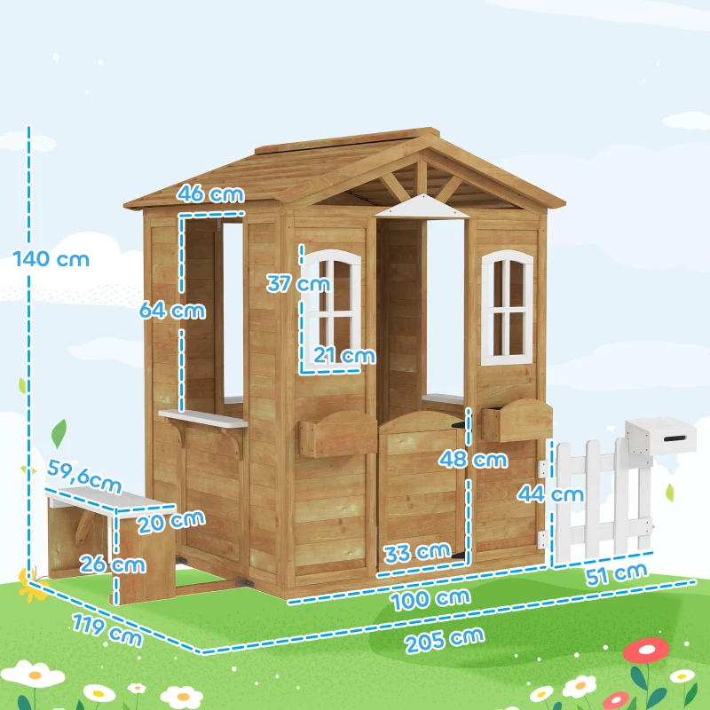 Outsunny Casetta per Bambini in Legno con Finestre, Staccionata e Panca, 205x119x140 cm, Legno Naturale