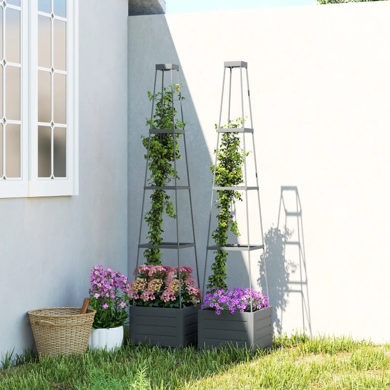 Outsunny 2 Pack Raised Garden Bed with Trellis, Plastic Outdoor Planter Box with Removable Drainage Tray