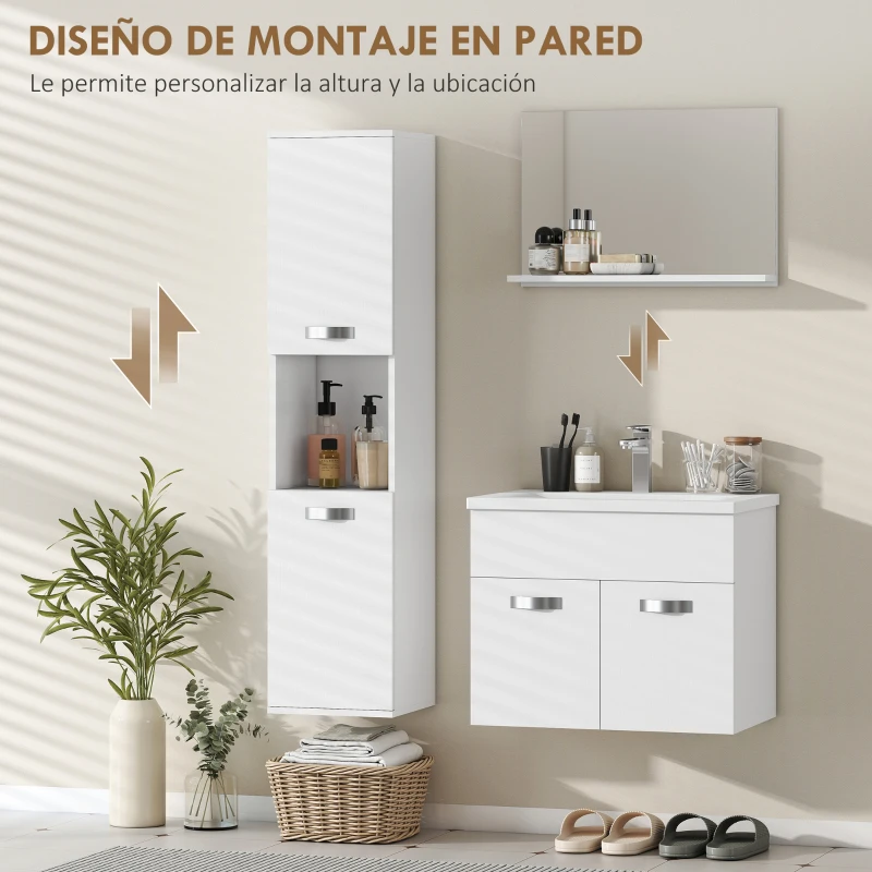 kleankin Conjunto de Muebles de Baño de Pared 4 Piezas Incluye Espejo Armario con Lavabo Cerámico y Columna de Baño Blanco