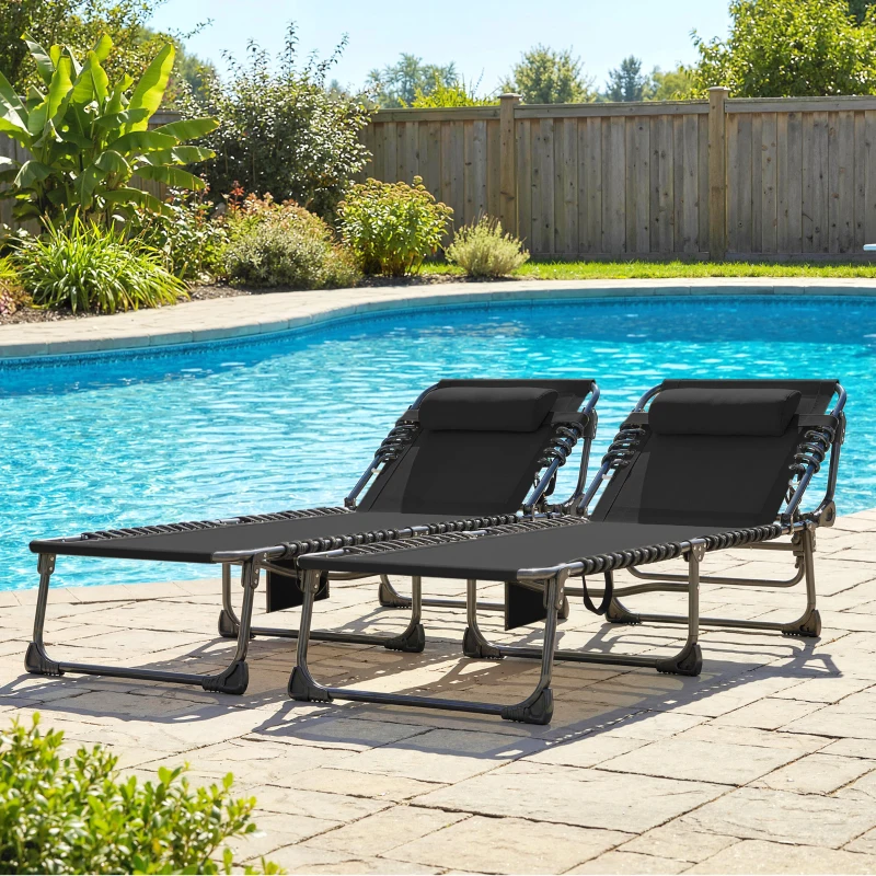 Outsunny Set de 2 Tumbonas Plegables con Reposacabezas Bolsillo Lateral y Respaldo Reclinable en 5 Posiciones Negro