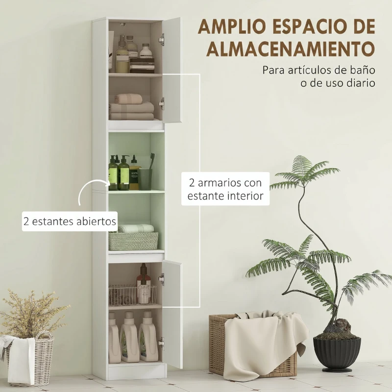 HOMCOM Columna de Baño Estrecha con 2 Puertas y 2 Estantes Abiertos para Espacios Pequeños 30x24x170 cm Blanco