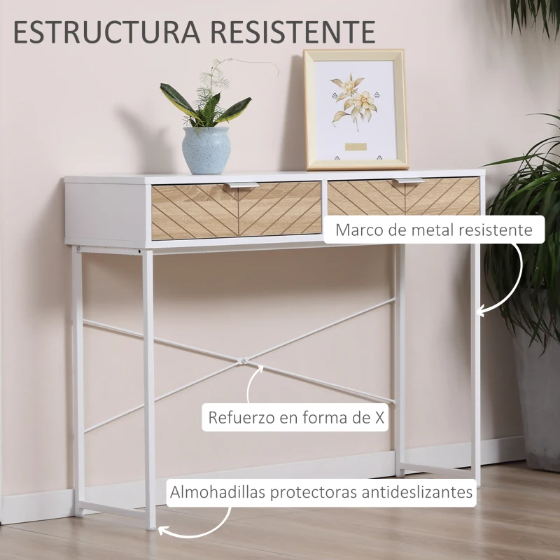 HOMCOM Mesa de Consola Estrecha con 2 Cajones Diseño de Líneas Talladas Estilo Moderna Blanco y Roble