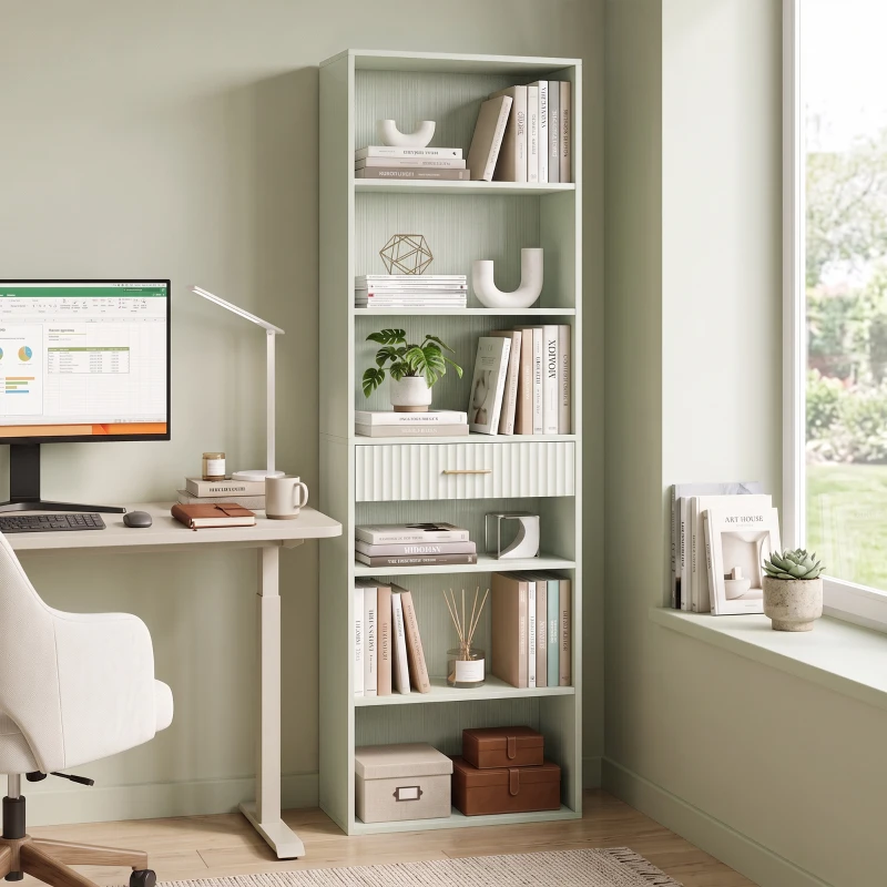 HOMCOM Bookcase Narrow Tall Space-Saving Bookshelf Drawer Open Shelves 60 x 24 x 182 cm Light Green