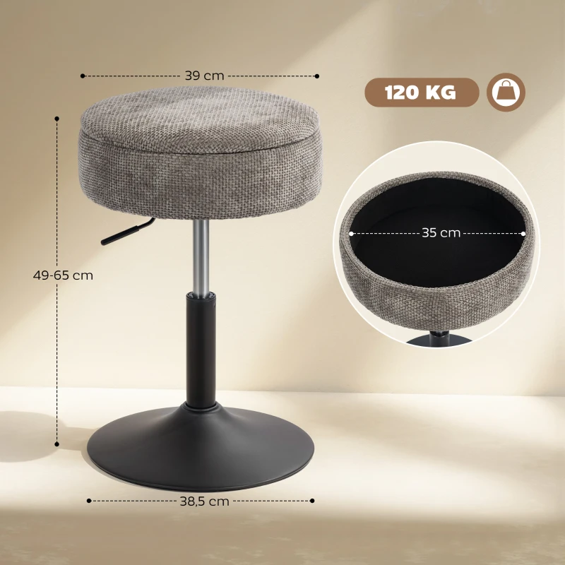 HOMCOM Taburete de Bar con Almacenaje Altura Ajustable Taburete de Cocina Redondo Giratorio Tapizado en Chenilla Gris