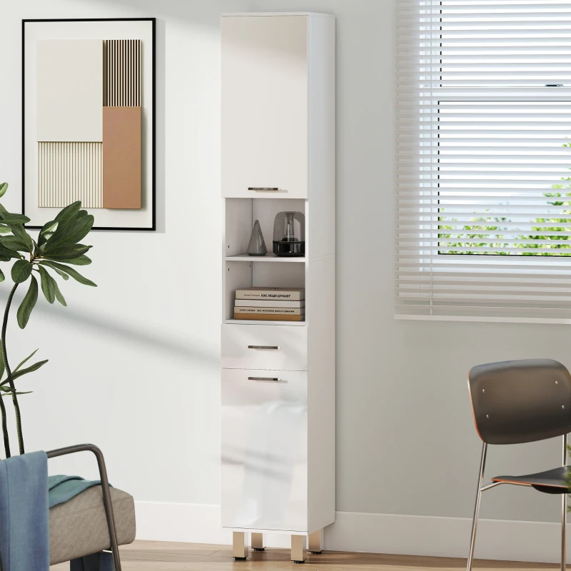 kleankin Colonna Bagno con Cassetto, 2 Ripiani Aperti e 2 Armadietti a 2 Livelli, in Legno, 30x30x180 cm, Bianco Lucido